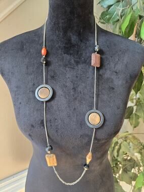 Mixed Metal Geometric Circle Square Long Statement Necklace